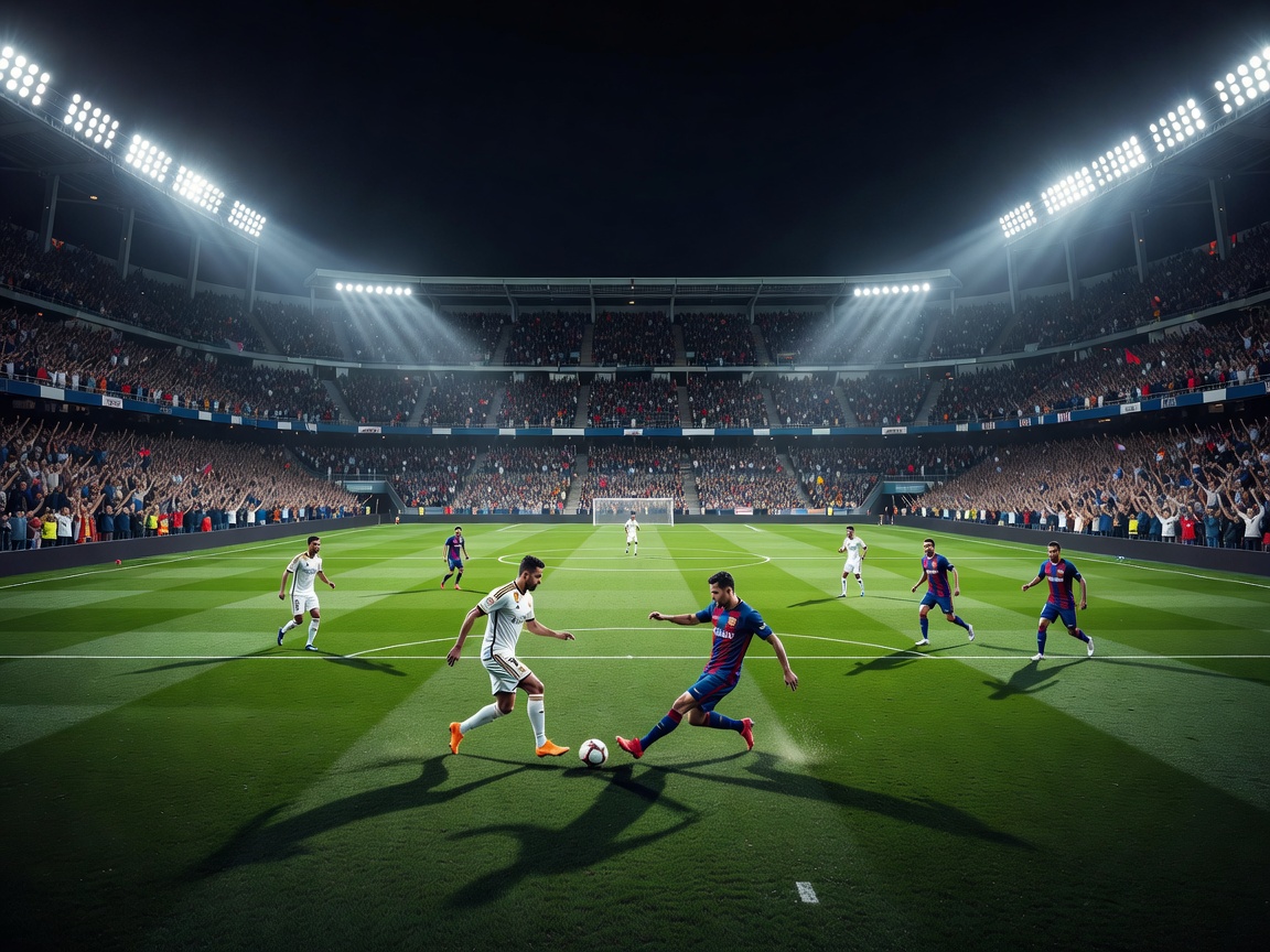 Floodlit football stadium representing Real Madrid versus Barcelona