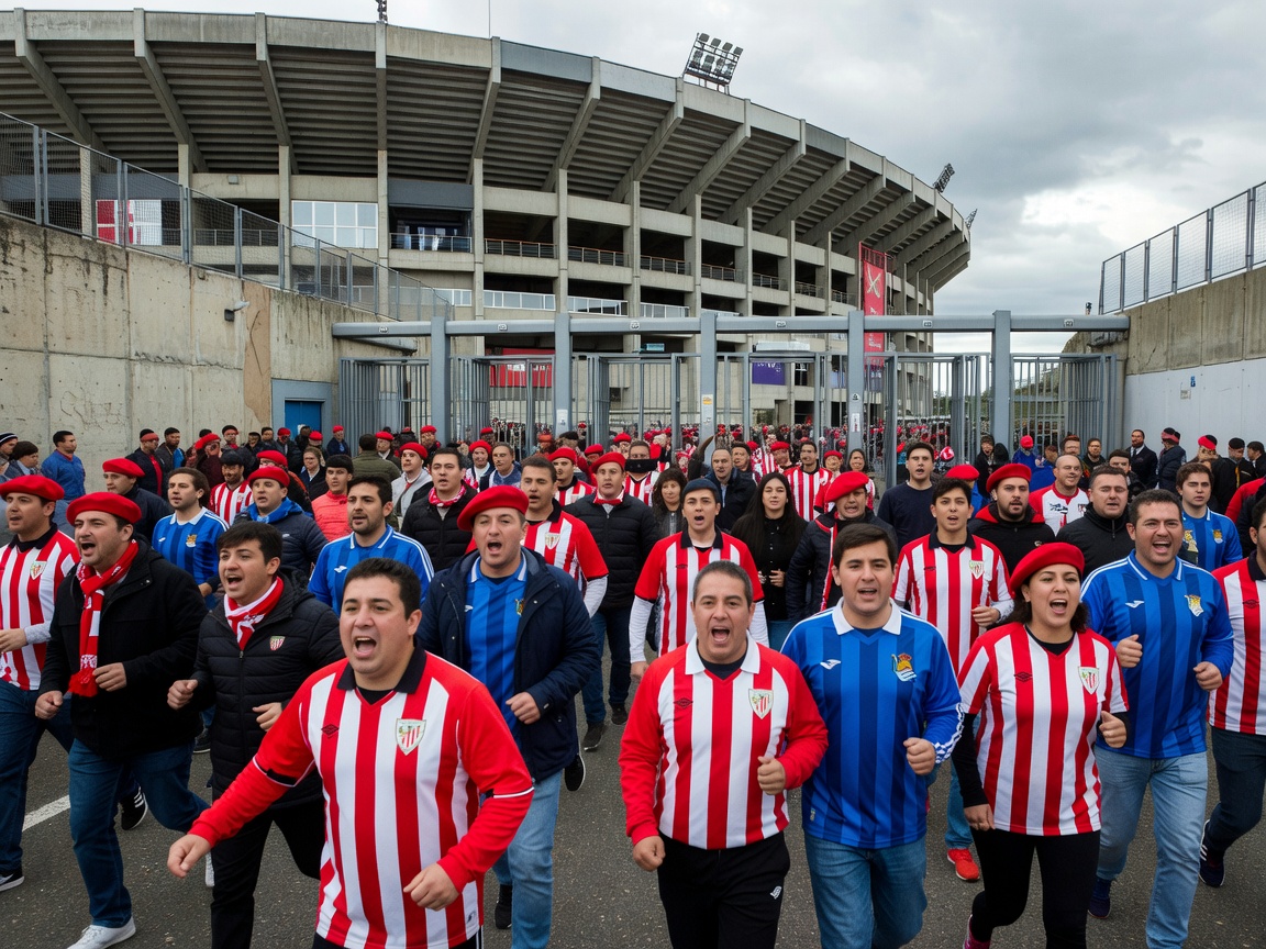 Supporters arriving at a stadium representing the Basque derby